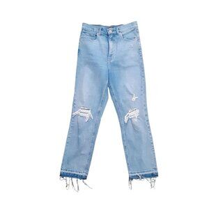 Express Jeans Womens 6 Blue Light Wash Denim Mom Distressed Raw Hem High Rise